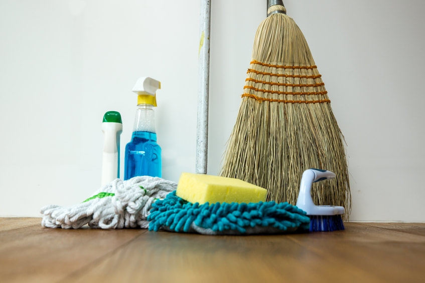 Broom, sponges, mops, and cleaning chemicals.